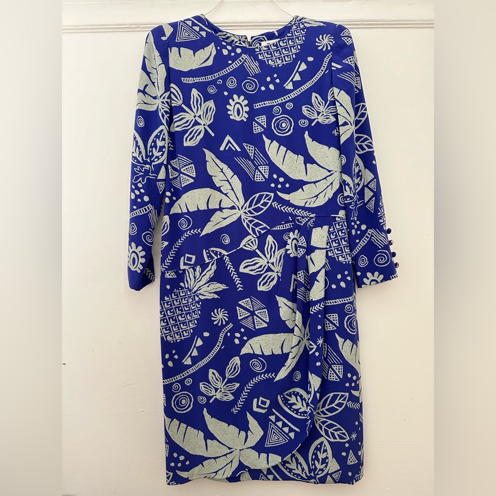 690$ Vintage NWT I. Magnin Helga Womens Multicolor Silk Midi Dress Size 4 Blue